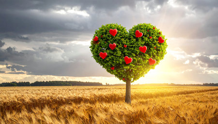 Heart shaped tree in a wheat field. 3D Rendering.の素材
