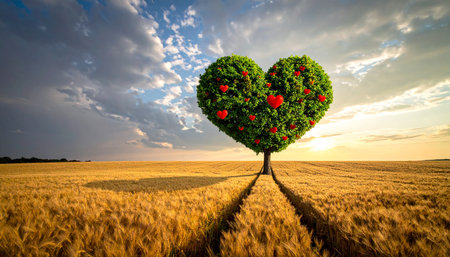 Heart shaped tree in a wheat field, valentines day conceptの素材