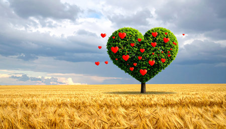 Heart shaped tree in a wheat field as a symbol of love.の素材