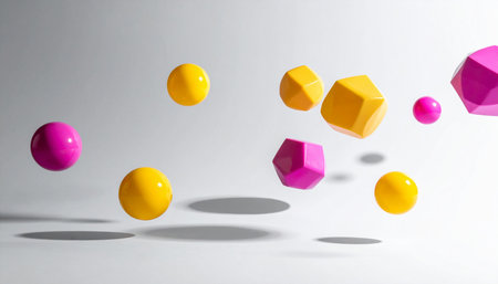 Colorful geometric shapes levitating in the air on a white backgroundの素材