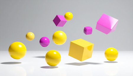 3d rendering of yellow and purple cube on white background with reflectionの素材