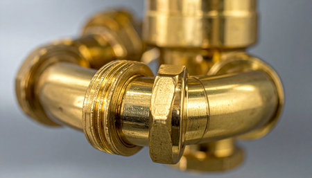 Close-up of brass plumbing fittings on a white background.の素材