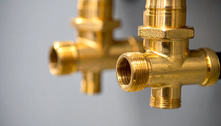 Close-up of a brass faucet on a gray backgroundの素材