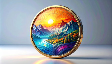 Mountain landscape in a circle on a white background. 3d renderingの素材