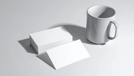 Mockup of business cards and coffee cup on white background.の素材