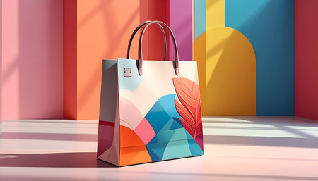 Shopping bag with abstract colorful background. 3d render illustration.の素材