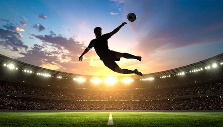 Soccer player in action at stadium. Mixed media. Mixed mediaの素材