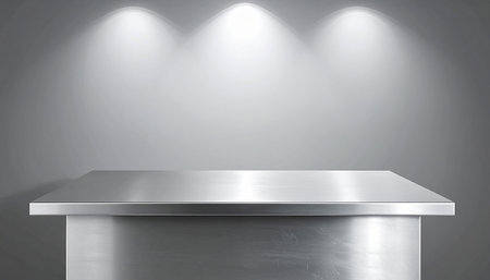 3d rendering of metal table with spotlights on gray background.の素材
