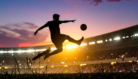 Silhouette of a soccer player on the field at sunset.の素材