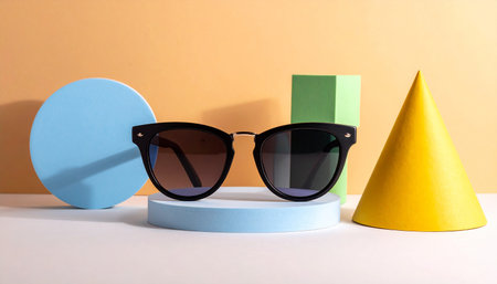 Sunglasses and colorful paper cone on white table with copy spaceの素材