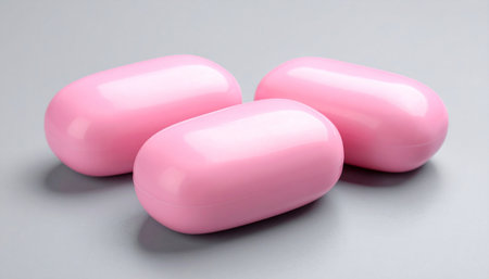 Two pink pills on a gray background. Focus on foreground, shallow DOF.の素材