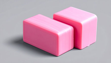 Pink soap bars isolated on grey background. 3d render illustration.の素材