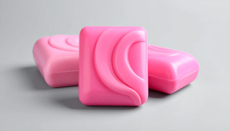 Pink soap bars on grey background, closeup. Cosmetic product presentationの素材