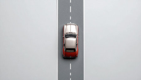 Aerial view of a red car driving on the road. Top view.の素材