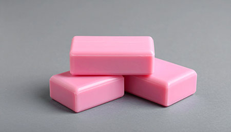 Three pink soap bars on grey background, closeup. Cosmetic productの素材