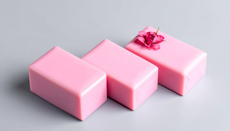 Three pink soap bars with a flower on a gray background, top viewの素材
