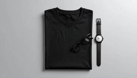 Black T-shirt and wristwatch on gray background, top viewの素材