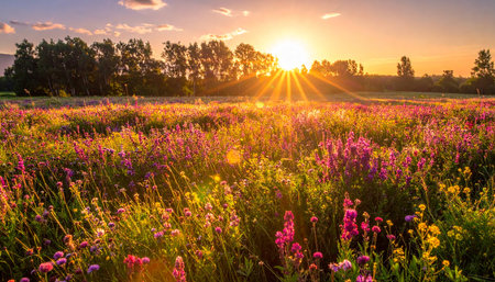 Sunset or sunrise on a field with clover flowers in summerの素材
