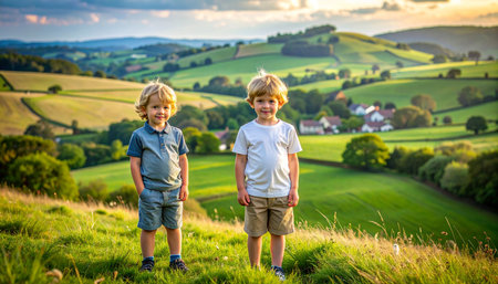 Two little boys, brothers, standing on a green meadow in the countryside at sunsetの素材