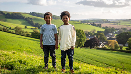 Two boys standing in the countryside with their arms around each other.の素材