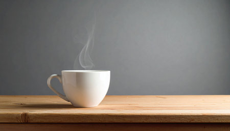Coffee cup on wood table and grey background, stock photoの素材