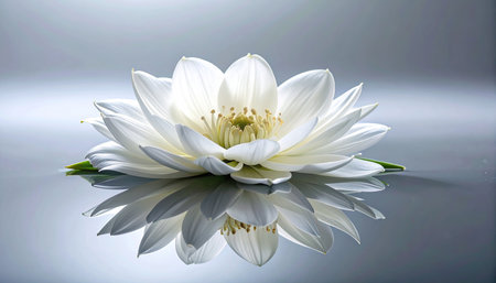 White lotus flower on the water surface with reflection and space for textの素材