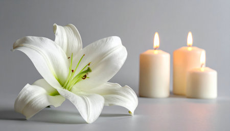 White lily and burning candles on a gray background with copy spaceの素材