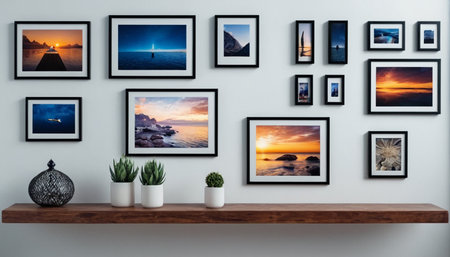 Wooden shelf with black picture frames on white wall. 3d renderingの素材