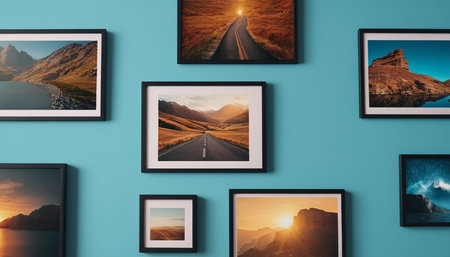Collection of photo frames hanging on blue wall. 3D Renderingの素材