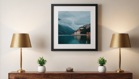 Mock up poster frame in living room interior, 3D renderingの素材