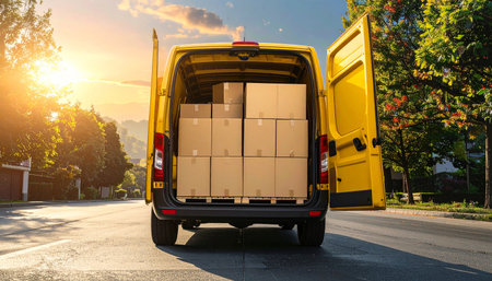 Delivery van with boxes on the road. Cargo transportation and logistics concept.の素材