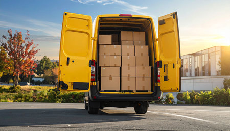 Delivery van with cardboard boxes on the road. Cargo transportation concept.の素材