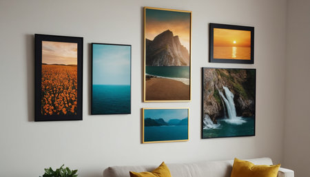 Interior of modern living room with pictures on wall. 3d renderingの素材