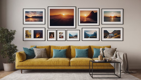 Interior of modern living room with yellow sofa, coffee table and pictures on wallの素材