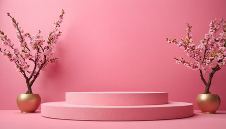 pink podium with cherry blossoms on pink background, 3d renderの素材