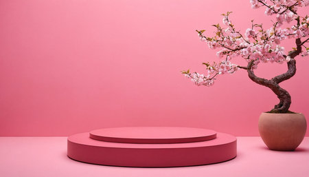 pink podium with cherry blossom in pot on pink background, 3d renderの素材