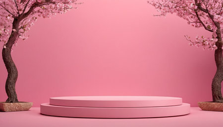 Abstract minimal scene with pink podium and cherry blossoms. 3d renderの素材
