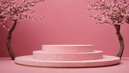 3d render of pink podium with cherry blossoms on pink background.の素材
