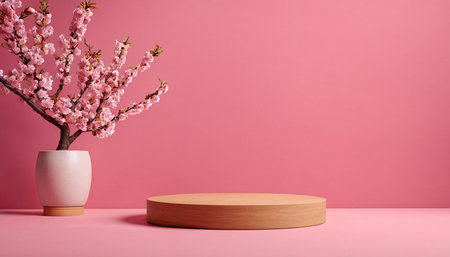 Wooden podium on pink background with cherry blossom in vaseの素材