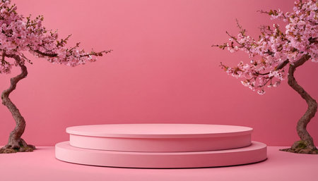 Minimalist display podium with cherry blossoms on pink background. 3D renderingの素材