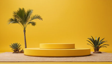 Minimal scene with podium and palm tree on yellow background. 3d renderの素材