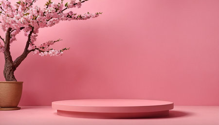 3d render of pink podium for product presentation with cherry blossom tree.の素材