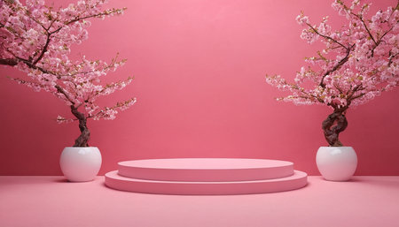 3d render, abstract minimal scene with white podium and cherry blossoms on the pink backgroundの素材