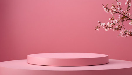 Pink podium with cherry blossom on pink background. 3d renderの素材