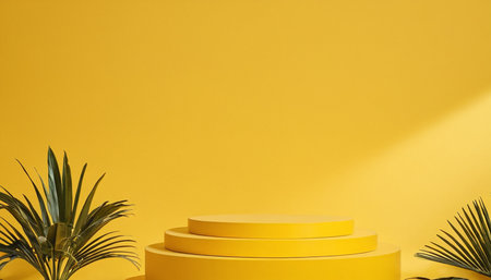 yellow podium with palm leaves on yellow background, 3d render illustrationの素材