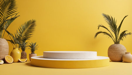 Minimal scene with round podium on yellow background. 3d renderの素材