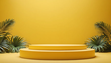 3d render of yellow podium with palm leaves, minimal scene for product displayの素材