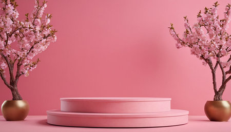 Minimal scene with podium and cherry blossom flowers. 3D renderingの素材