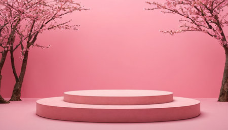 3d render of pink podium and cherry blossoms on pink backgroundの素材