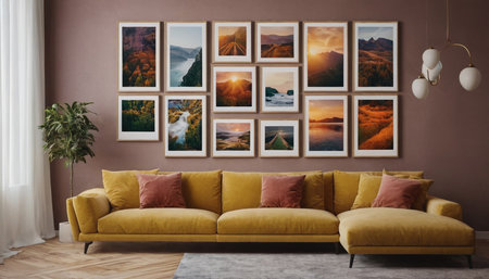 Interior of modern living room with yellow sofa and pictures on wallの素材